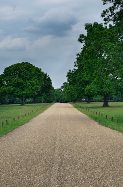 A straight gravel pathway flanked by neatly trimmed grass and evenly spaced wooden posts runs through a lush green garden, with large mature trees on both sides creating a canopy of vibrant foliage. T